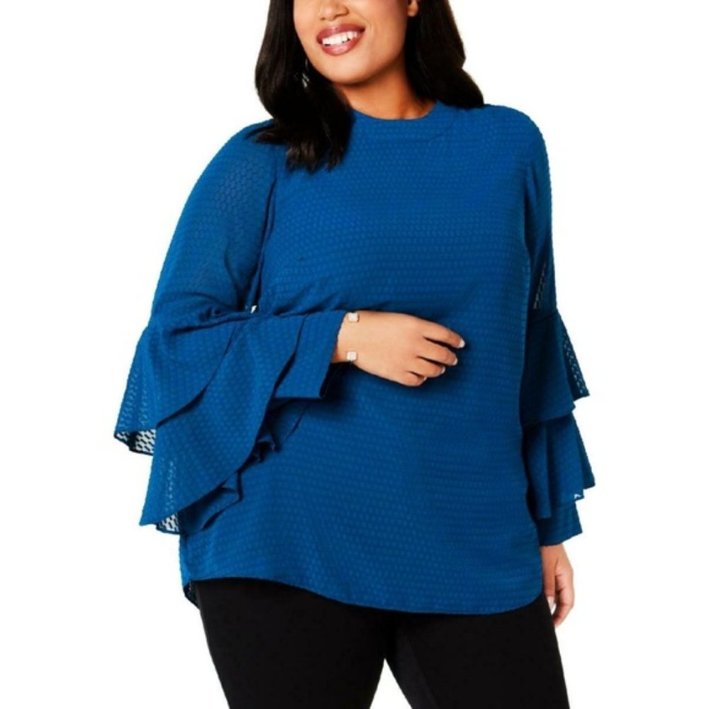 Alfani Blouse 2X Women's Plus Textured Ruffle Sleeves Pullover Top Teal